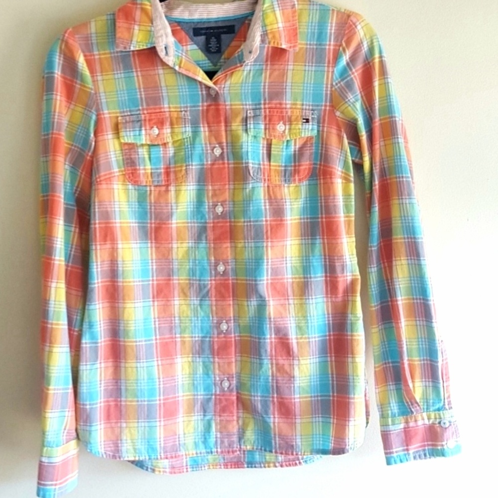 Tommy Hilfiger Pastel Plaid Button Down Coral Blue Preppy